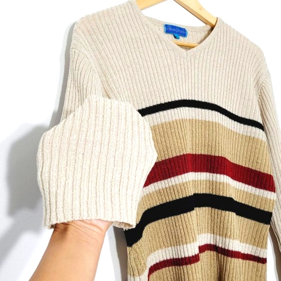 Vintage Crewneck Cream Red Black Striped Y2K Knitted Long Sleeve Retro Sz XL 90s - Picture 4 of 11